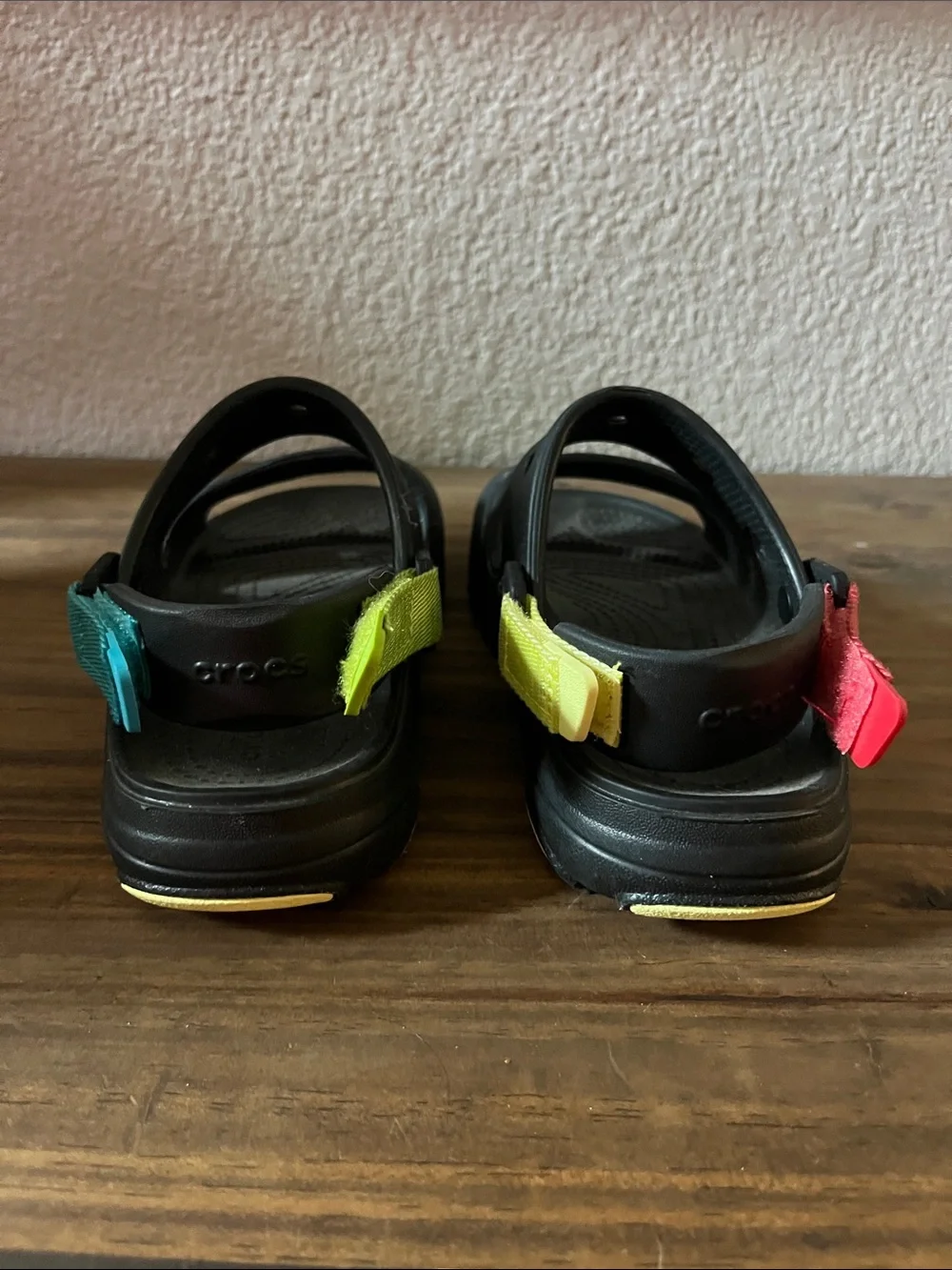 CROCS Black Kids Sandals with Red, Yellow and Teal Straps